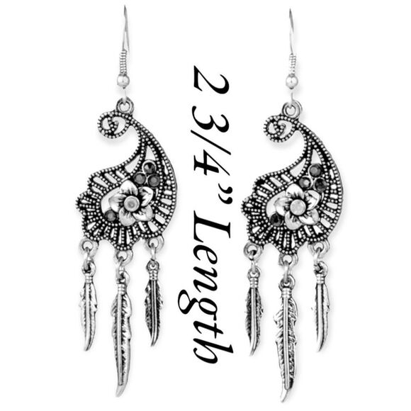 Boho Western Silver Floral Feathers Tassel Dangle Earrings NEW - Picture 3 of 3
